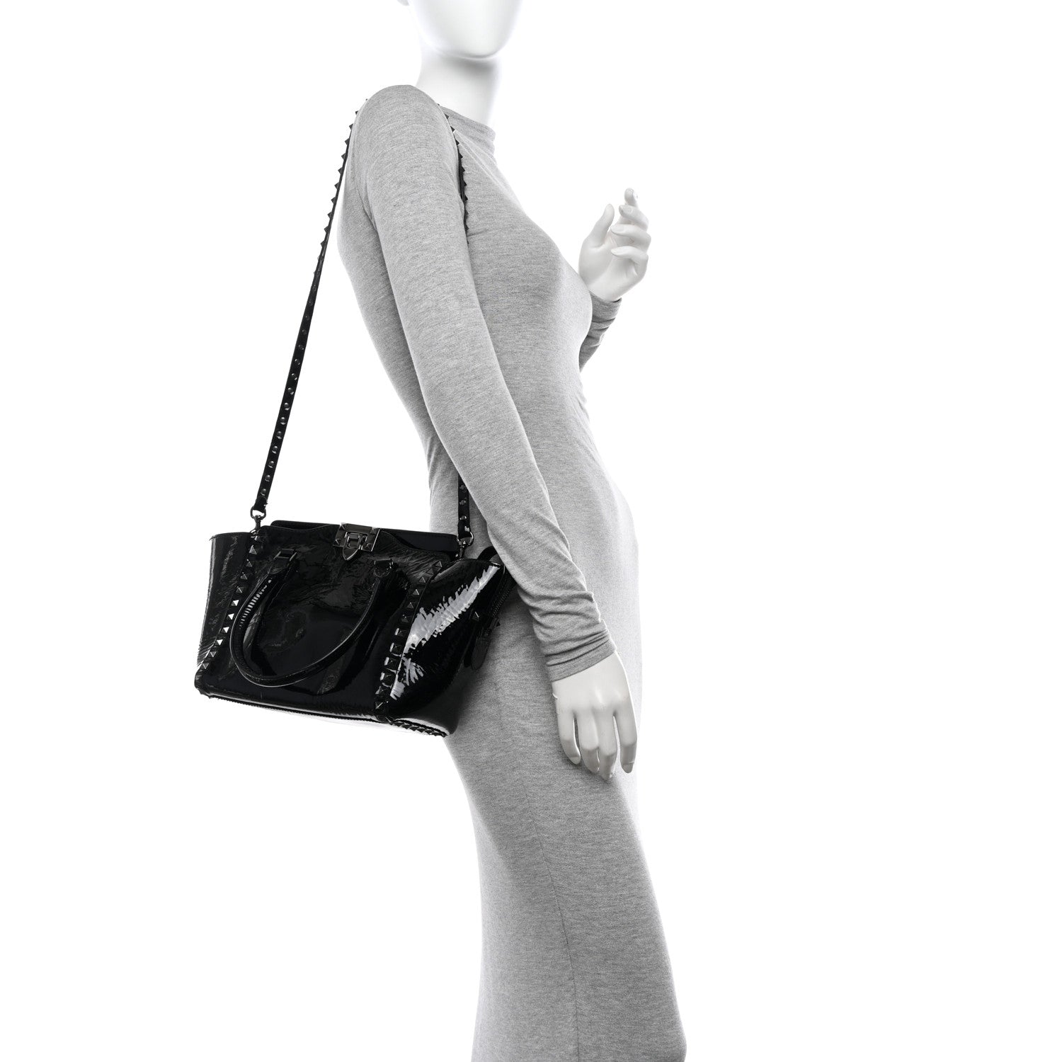 Valentino Garavani Patent Monochrome Small Rockstud Double Handle Tote Black 2 of 11