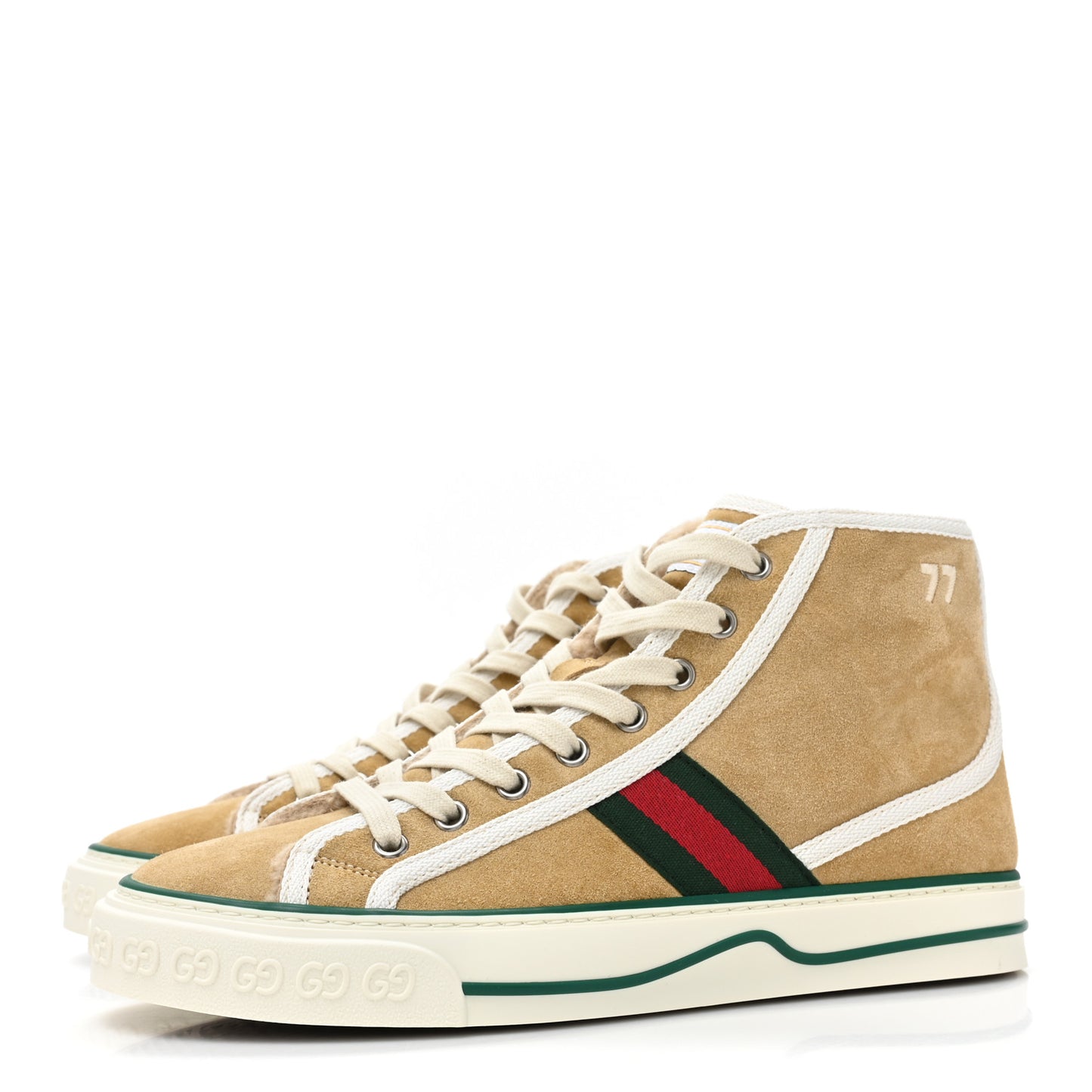 Suede Shearling Web GG Monogram Embossed Womens 1977 Tennis High Top Sneakers 38.5 Butterscotch Mystic White