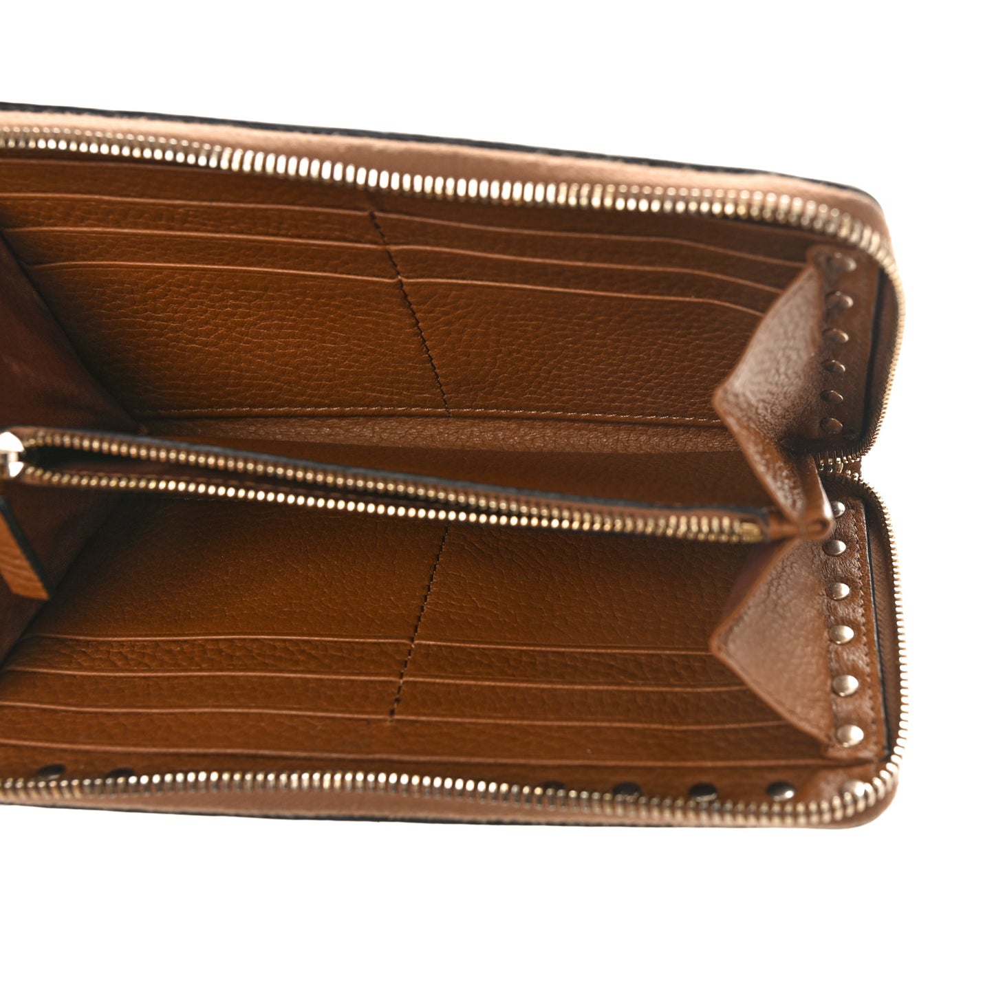 Grained Calfskin Rockstud Zip Around Wallet Bright Cognac
