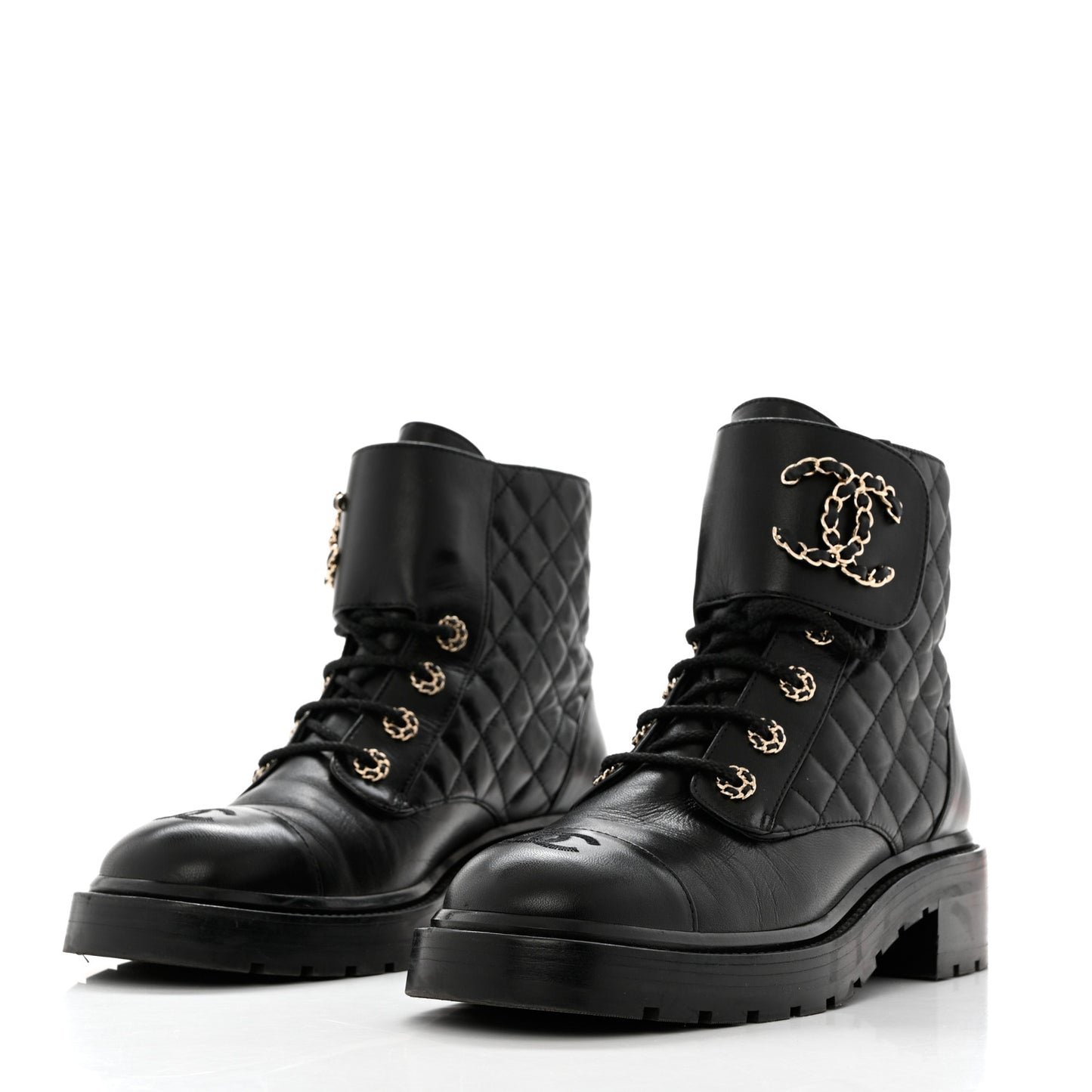 Shiny Lambskin Quilted Lace Up Combat Boots 40 Black