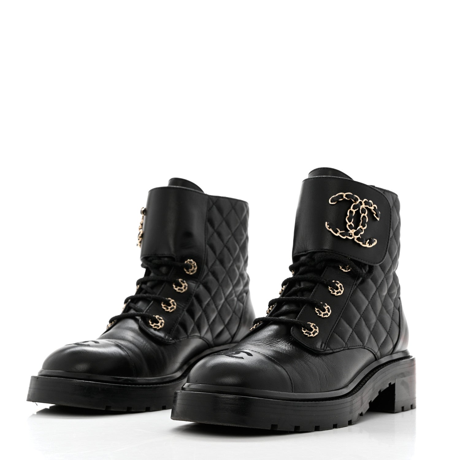 Chanel Shiny Lambskin Quilted Lace Up Combat Boots 40 Black 3 of 9