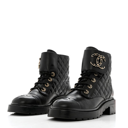 Chanel Shiny Lambskin Quilted Lace Up Combat Boots 40 Black 3 of 9