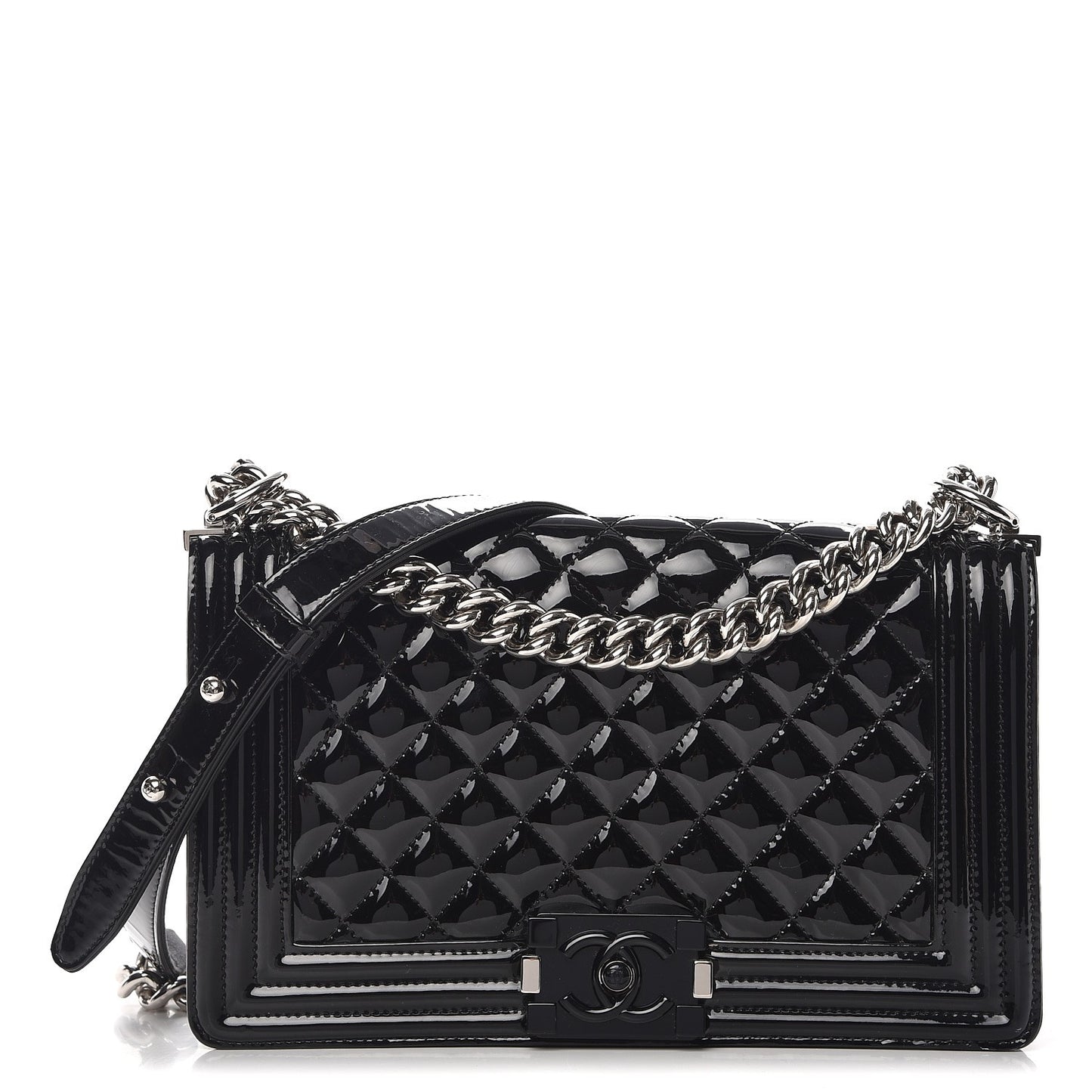 Patent Calfskin Quilted Medium Plexiglass Boy Flap Black
