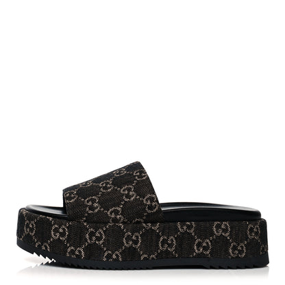 Gucci Jacquard Black Denim GG Monogram Angelina Platform 55mm Slide Sandals 38.5 Black Ivory 1 of 9