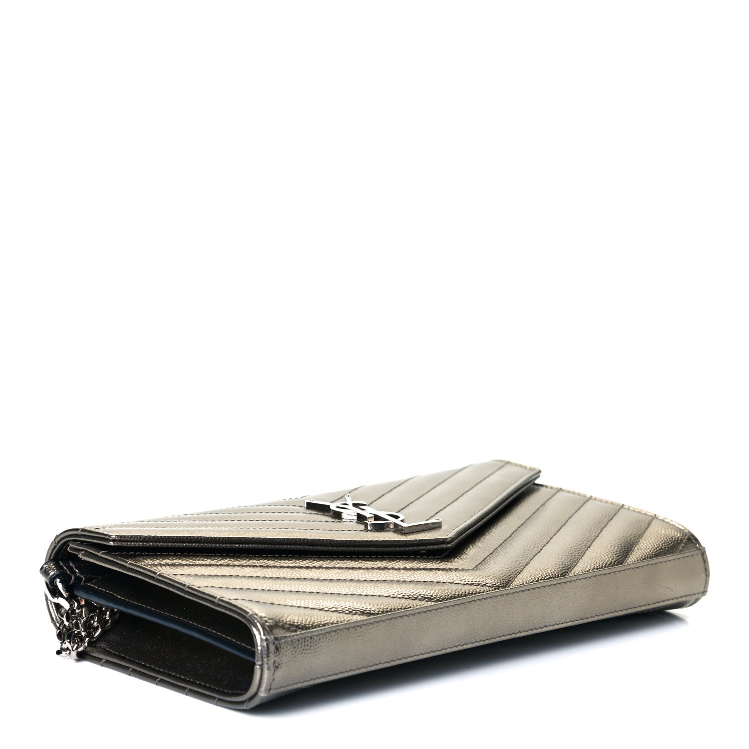 Saint Laurent Metallic Grain De Poudre Matelasse Chevron Monogram Chain Wallet Piombo 3 of 9