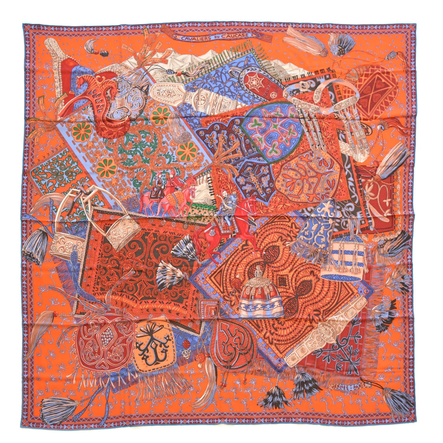 Hermes Cashmere Silk Cavaliers du Caucase Shawl 140 Orange Lavande Corail 1 of 10