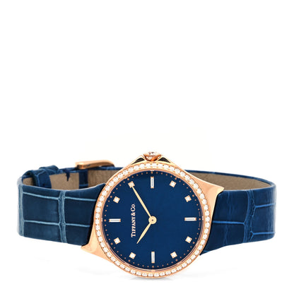 Tiffany 18K Rose Gold Alligator Diamond Bezel 28mm Metro Quartz Watch Navy 2 of 5