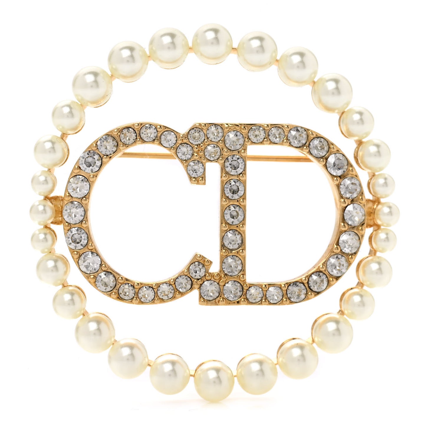 Crystal Pearl CD Logo Brooch Gold