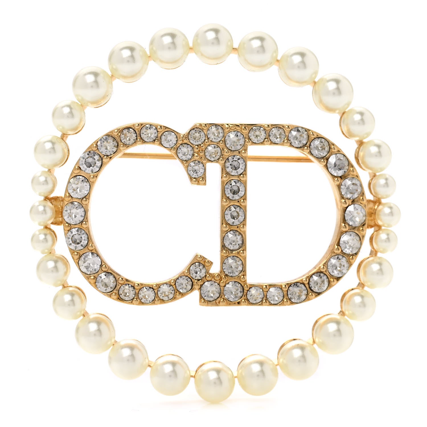 Christian Dior Crystal Pearl CD Logo Brooch Gold 1 of 5