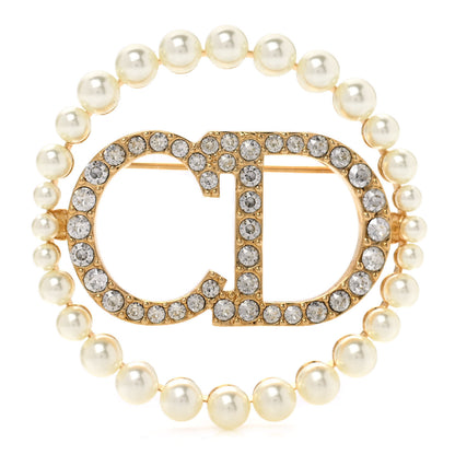 Christian Dior Crystal Pearl CD Logo Brooch Gold 1 of 5