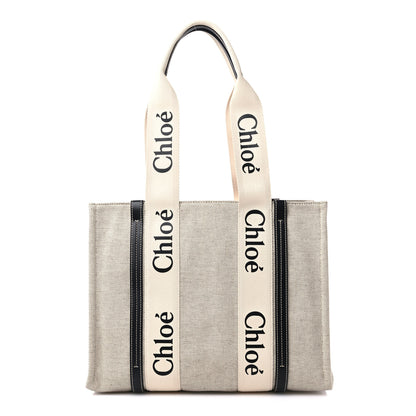 Chloe Cotton Calfskin Medium Woody Ribbon Tote White Black 1 of 10