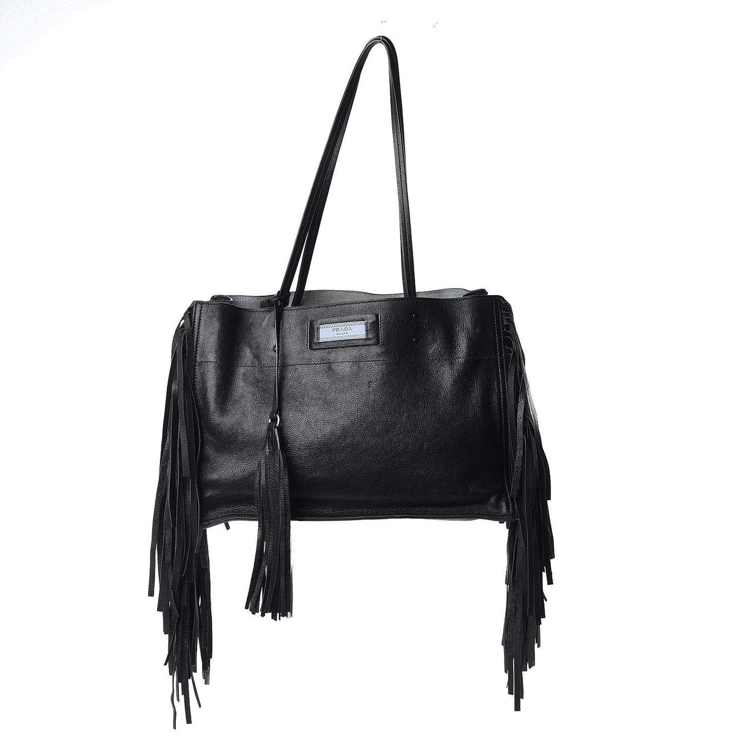 Glace Calfskin Etiquette Fringe Shoulder Bag Black Astrale