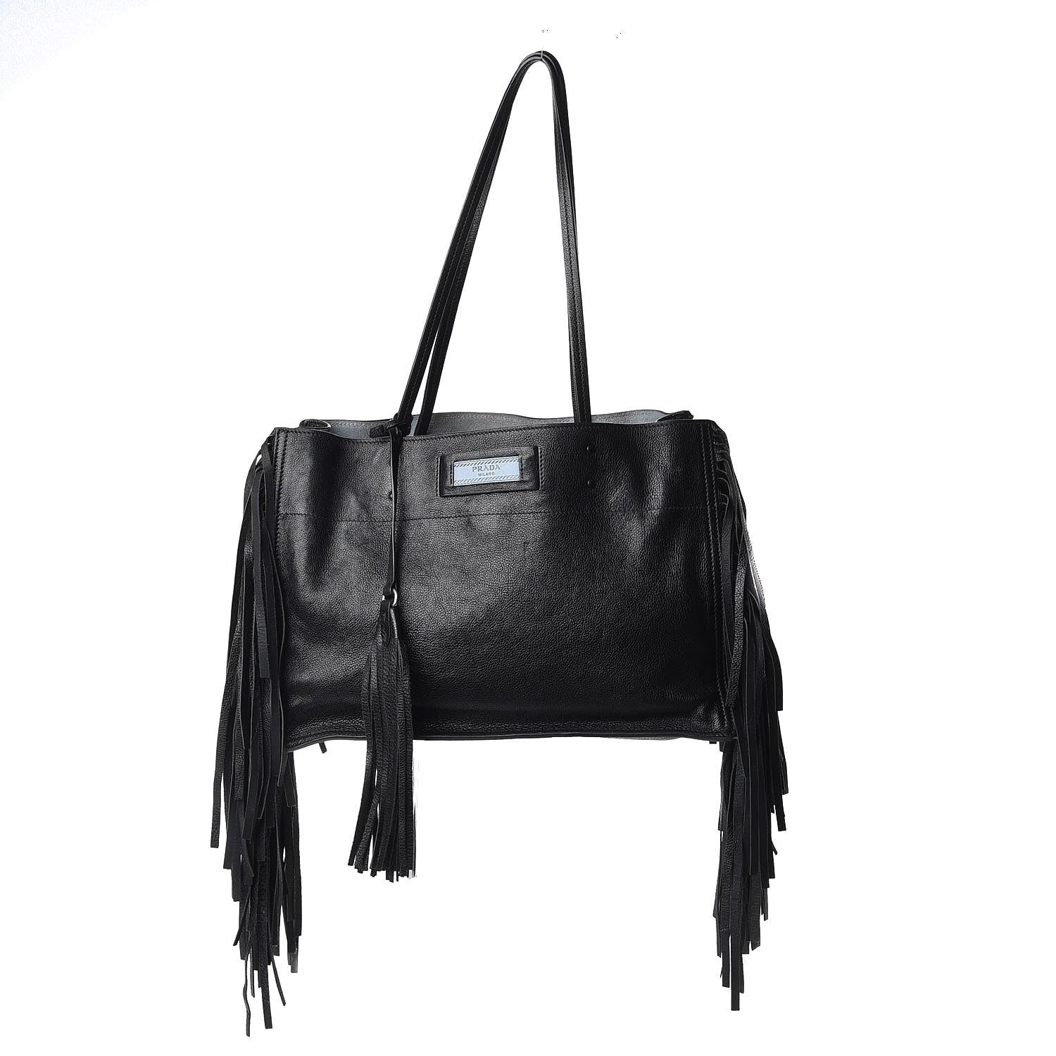Prada Glace Calfskin Etiquette Fringe Shoulder Bag Black Astrale 1 of 13