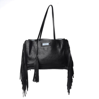 Prada Glace Calfskin Etiquette Fringe Shoulder Bag Black Astrale 1 of 13