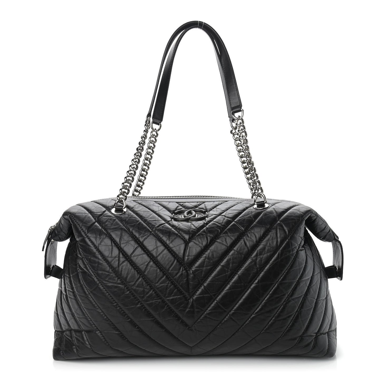 Aged Calfskin Chevron Quilted Duffle Bag Black