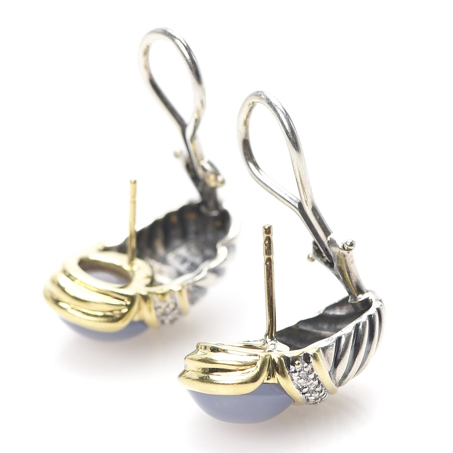 Sterling Silver 18K Yellow Gold Diamond Chalcedony Shrimp Cable Earrings
