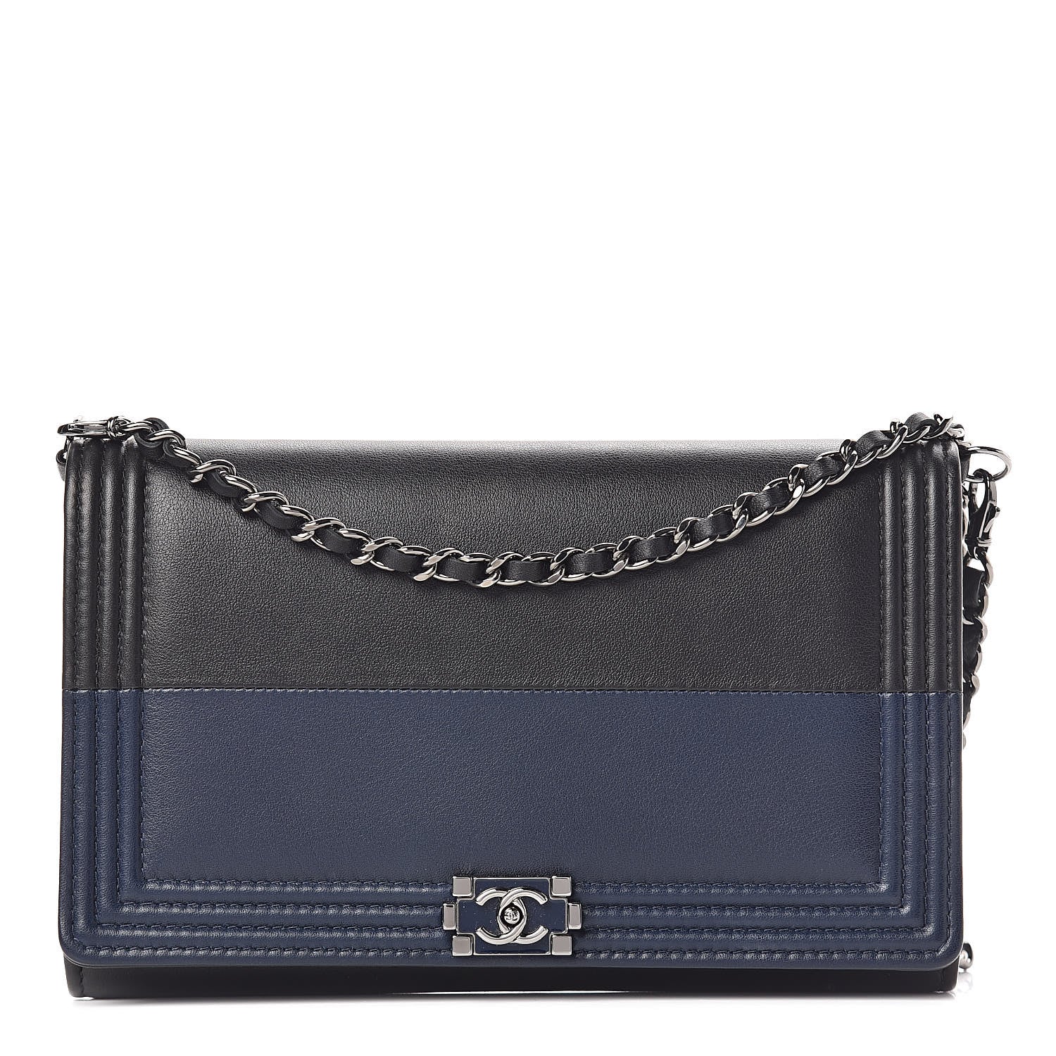 Chanel Lambskin Boy Wallet On Removable Chain WOC Black Navy 3 of 11