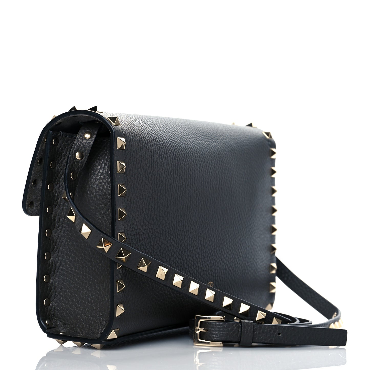 Pebbled Calfskin Medium Rockstud Flip Lock Crossbody Bag Black