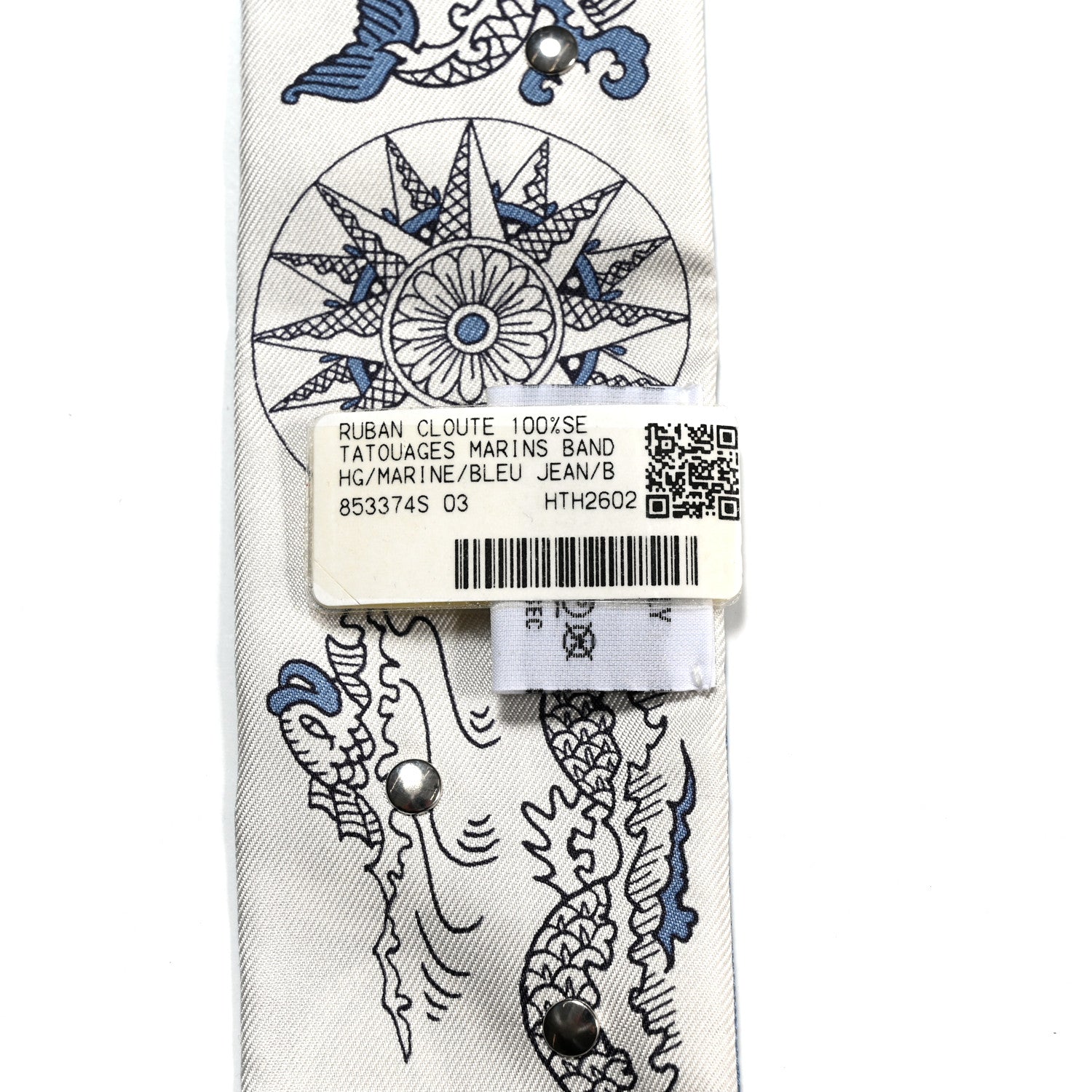 Hermes Silk Tatouages Marins Bandana Studded Twilly Bleu Marine Bleu Jean White 3 of 4