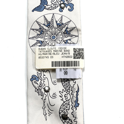 Hermes Silk Tatouages Marins Bandana Studded Twilly Bleu Marine Bleu Jean White 3 of 4