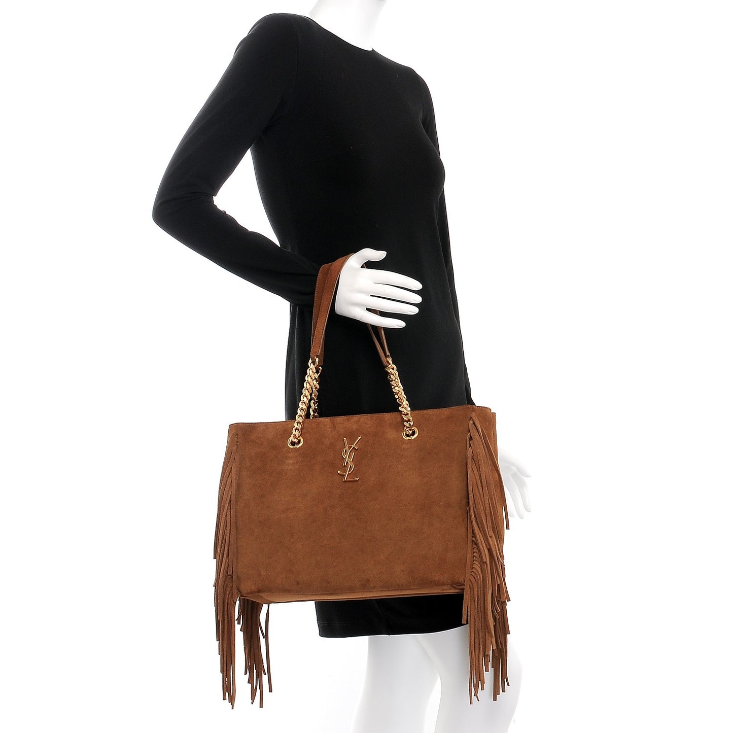 Suede Fringe Monogram Shopping Tote Light Ochre