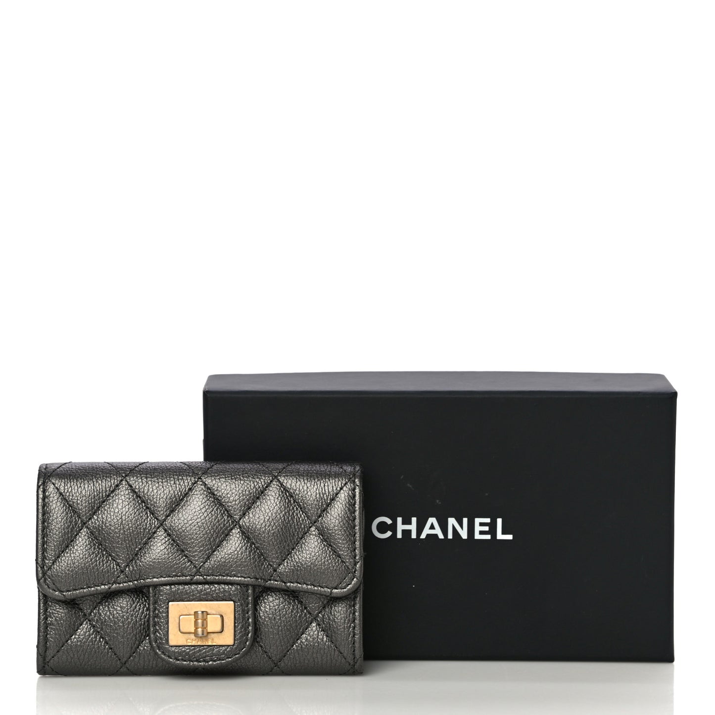 Metallic Calfskin Quilted Reissue Flap Card Holder Grey