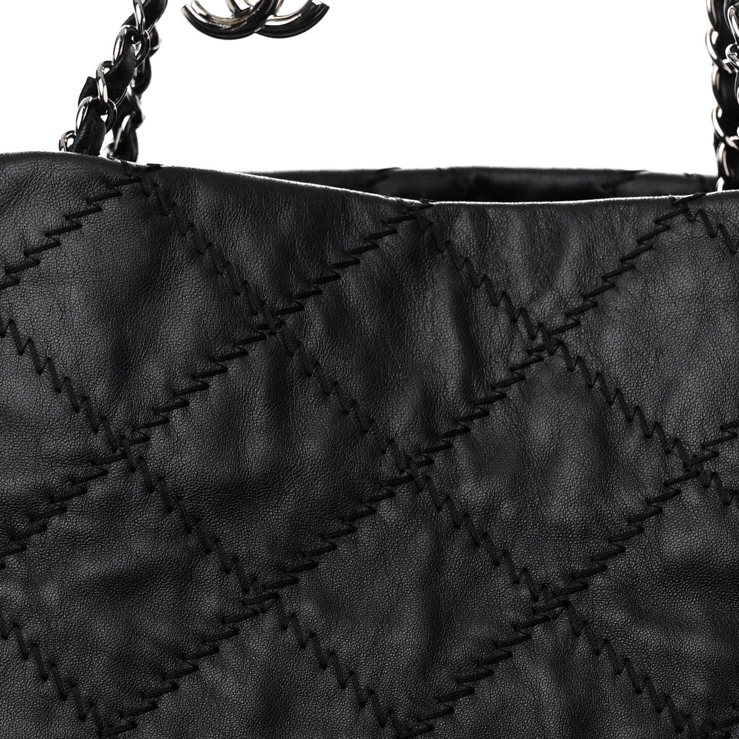 Lambskin Stitched Shopper Tote Black