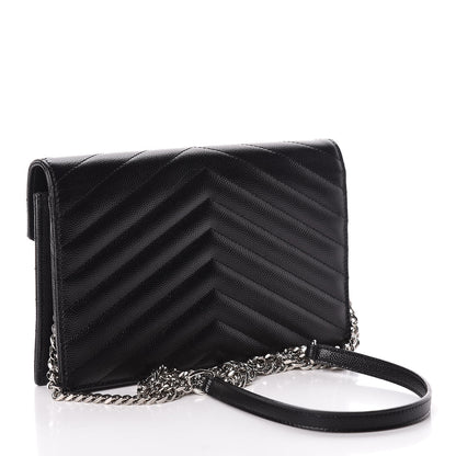 Saint Laurent Grain De Poudre Matelasse Chevron Monogram Envelope Chain Wallet Black 3 of 10