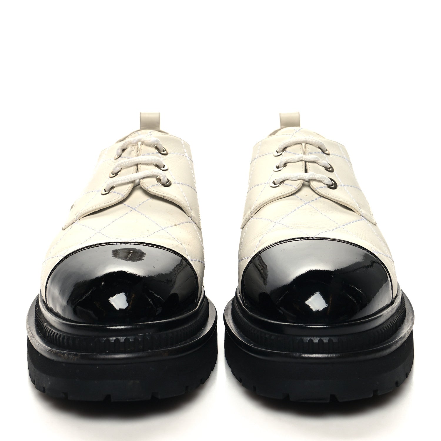 Chanel Calfskin Patent Stitched Cap Toe Lace Up Oxfords 38 White Black 2 of 8