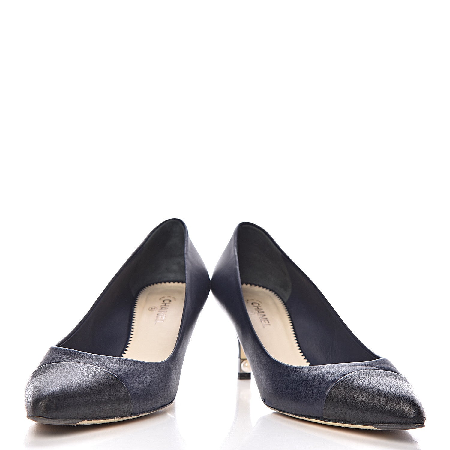 Chanel Lambskin Cap Toe Pearl Pumps 39 Navy Blue Black 6 of 12