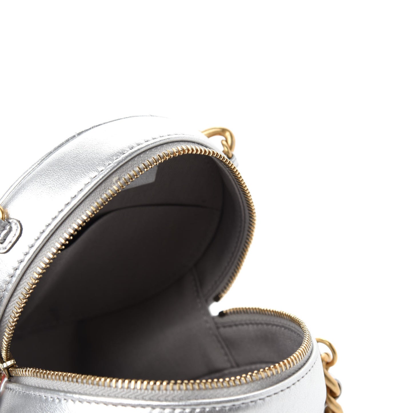 Metallic Lambskin Quilted Chanel 19 Round Clutch With Chain Silver
