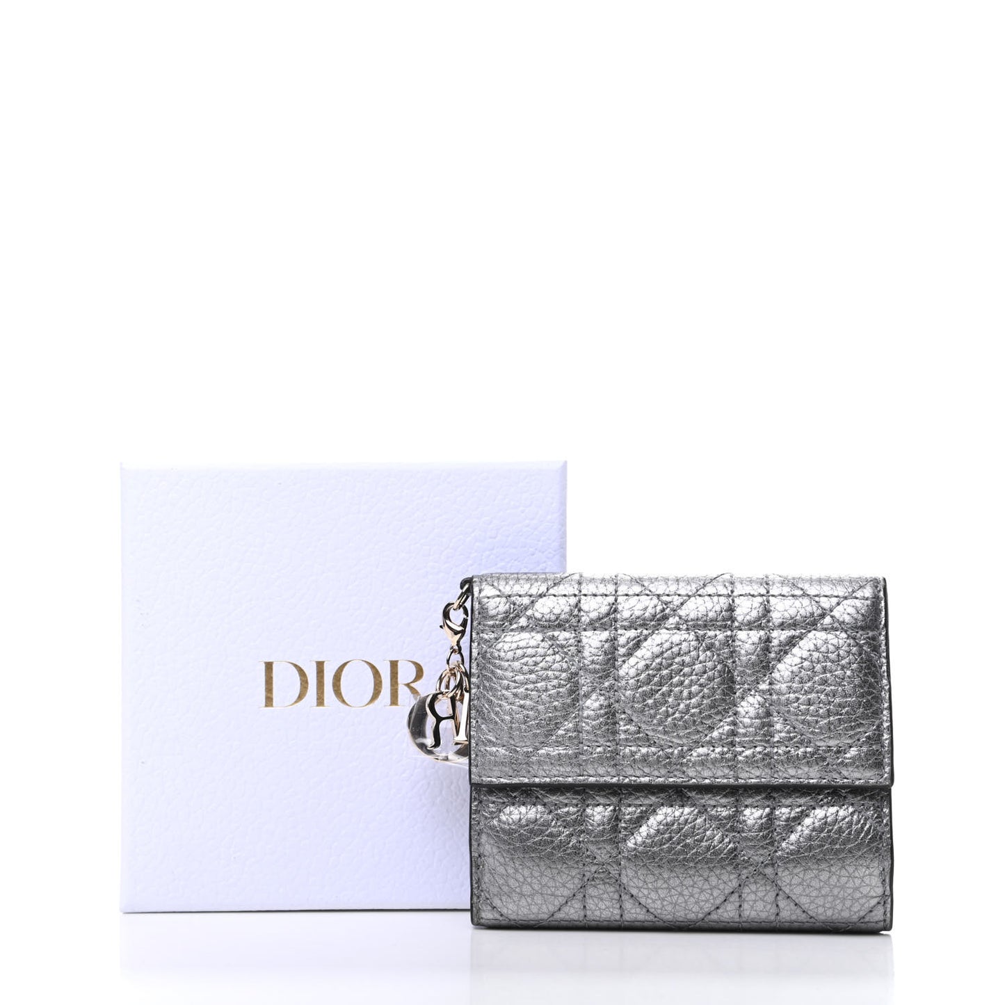 Metallic Grained Calfskin Cannage Lady Dior French Wallet Steel
