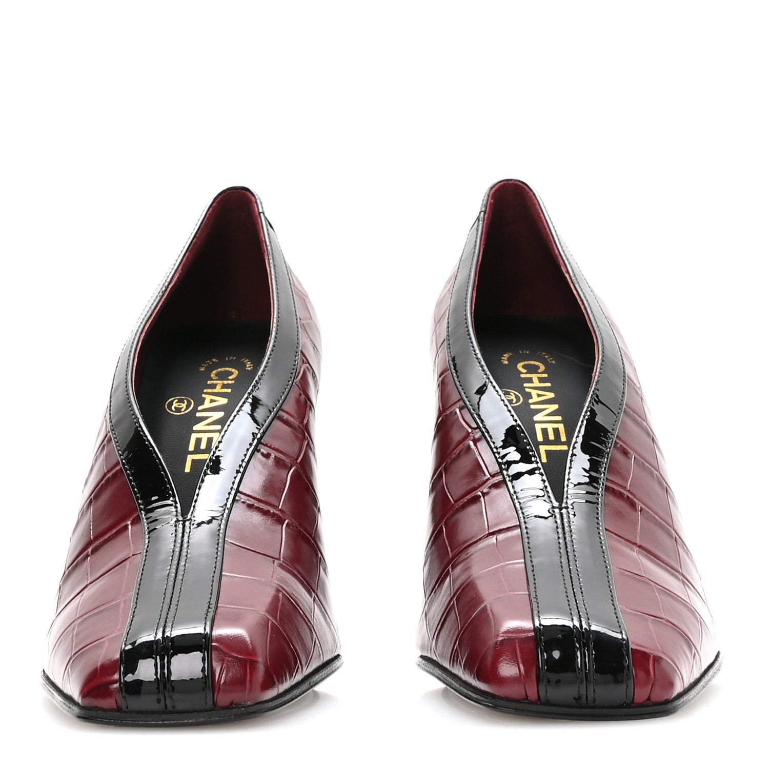 Chanel Crocodile Embossed Patent Calfskin Pumps 39 Burgundy Black 3 of 9