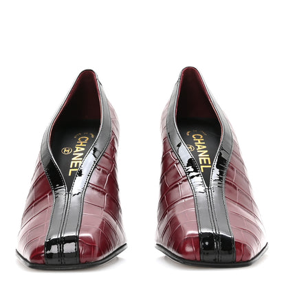 Chanel Crocodile Embossed Patent Calfskin Pumps 39 Burgundy Black 3 of 9