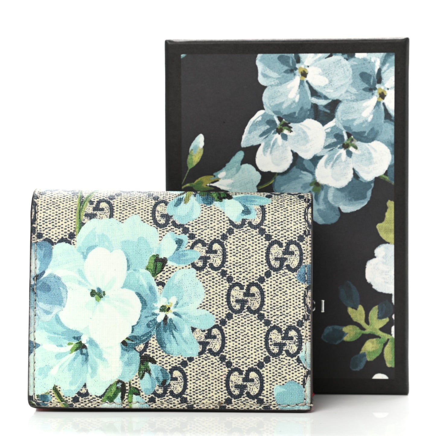 GG Supreme Monogram Blooms Card Case Beige Blue Navy Hibiscus Red