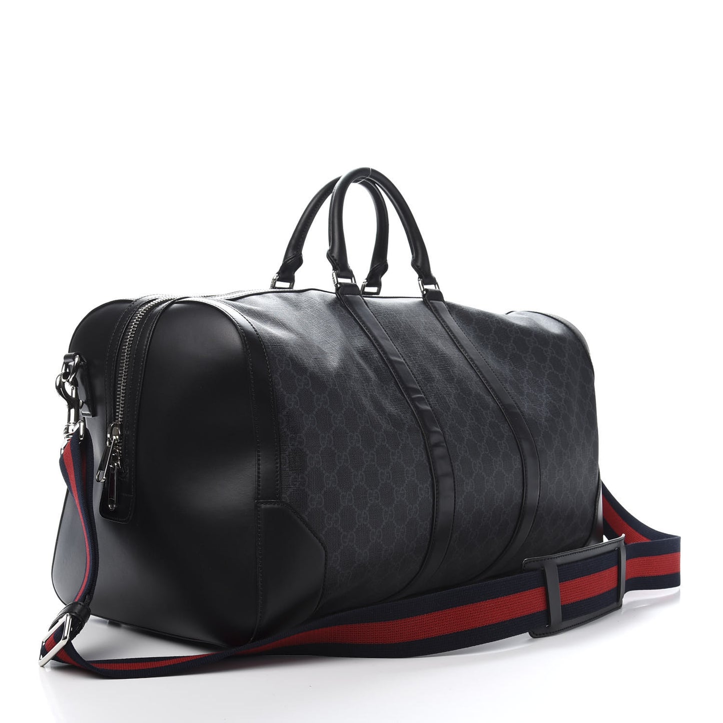 Soft GG Supreme Monogram Appia Calfskin Web Large Carry On Duffle Bag Black Grey