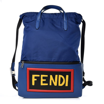 Fendi Nylon Vitello Century Vocabulary Drawstring Backpack Blue Cobalto Blue Neon Sunflower 3 of 10