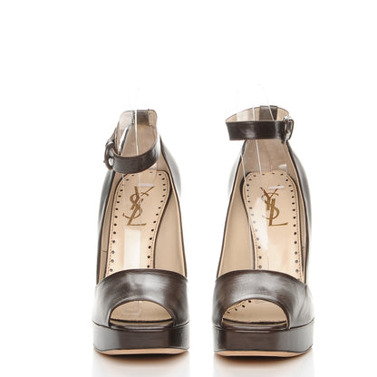 Saint Laurent Calfskin Emma 100 Ankle Strap Peep Toe Wedge 41 Chocolate 2 of 10