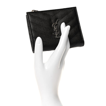 Saint Laurent Grain De Poudre Matelasse Chevron Monogram Zipped Card Case Black 2 of 8