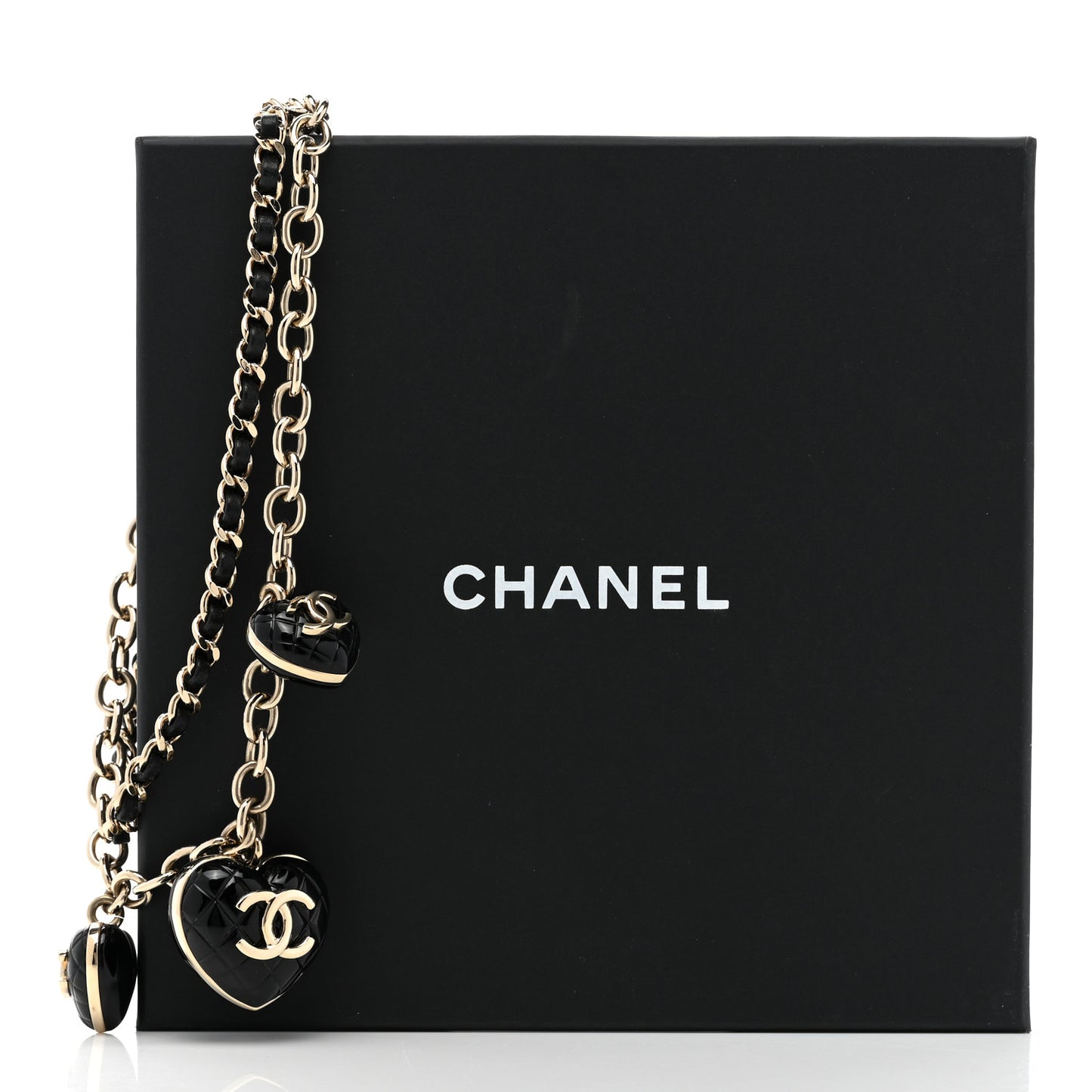 Metal Lambskin Resin Quilted CC Heart Necklace Black Gold