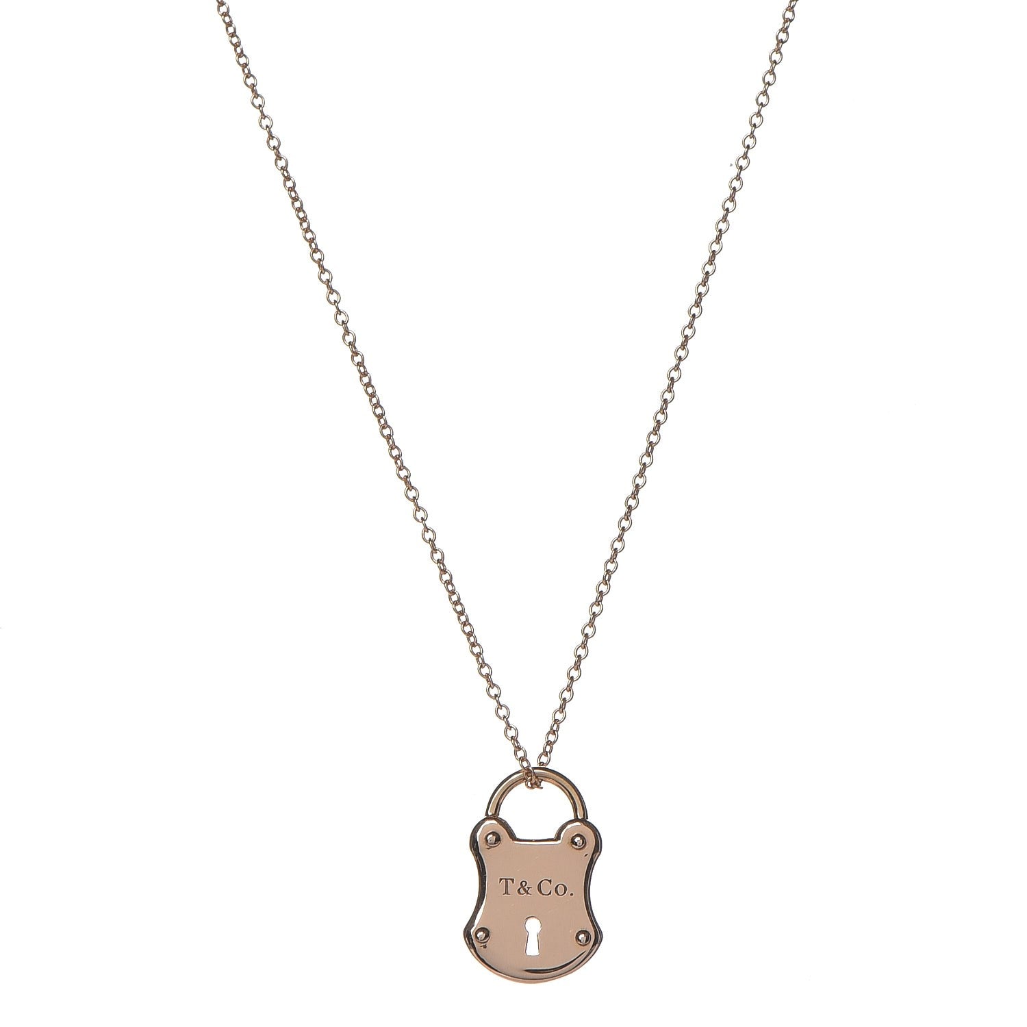 Tiffany 18K Rose Gold Emblem Lock Pendant Necklace 1 of 8