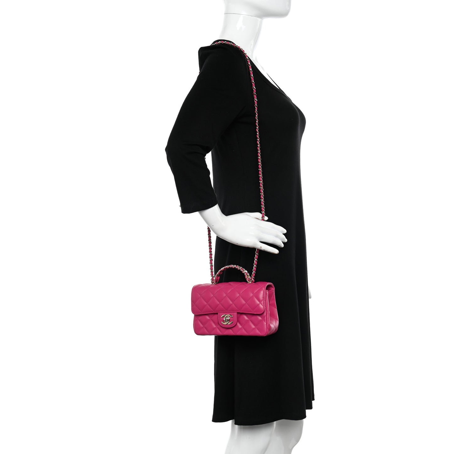 Lambskin Quilted Mini Crystal Top Handle Rectangular Flap Dark Pink