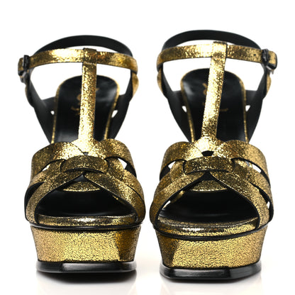 Saint Laurent Metallic Crackled Calfskin Tribute 105 Platform Sandals 41 Gold 2 of 9