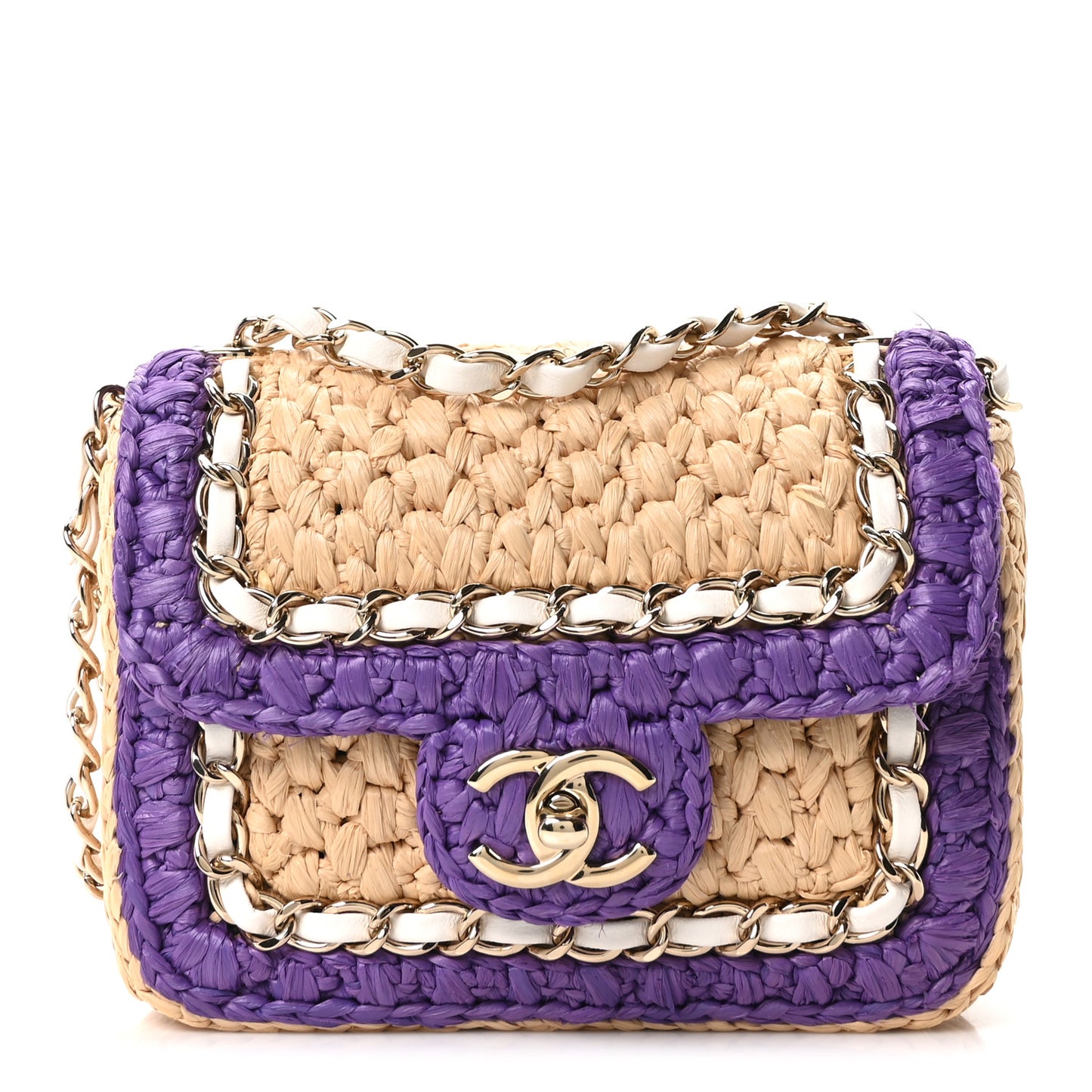 Raffia Chain Venice Beach Mini Flap Bag Beige Purple