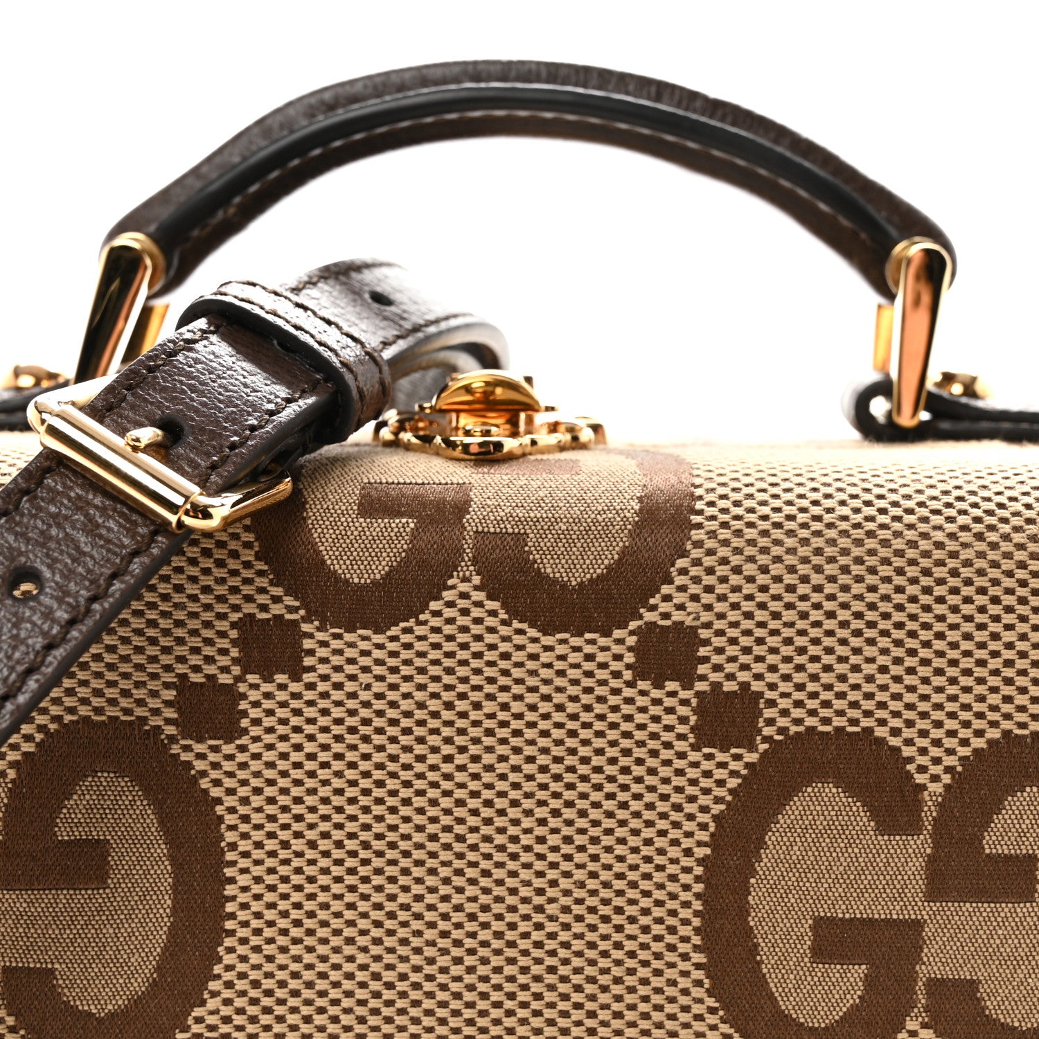 Gucci Monogram Jumbo GG Textured Dollar Calfskin Top Handle Beauty Case Camel Ebony New Acero 7 of 9