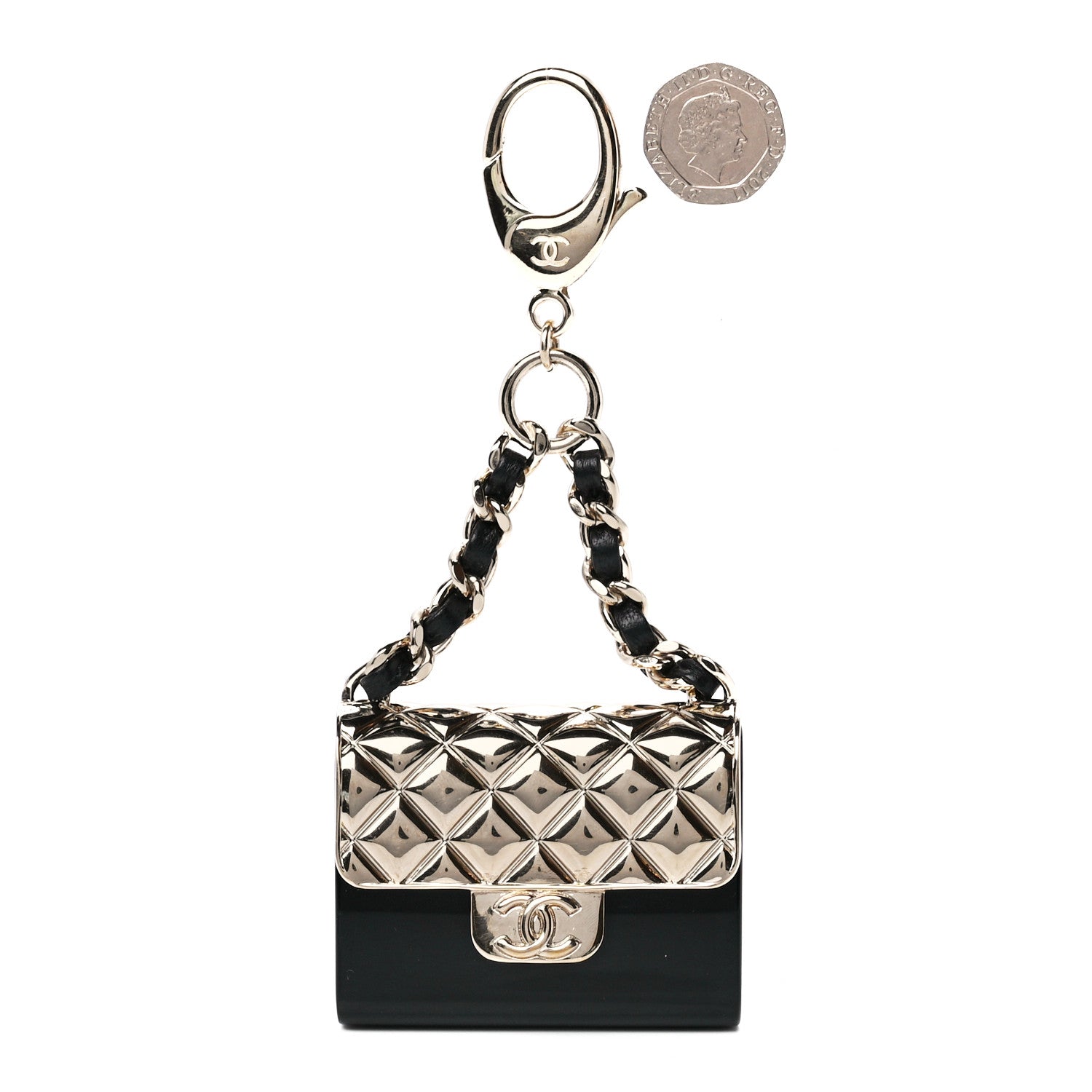 Chanel Metal Resin Lambskin Quilted Minaudiere Keychain Golden Black 2 of 10