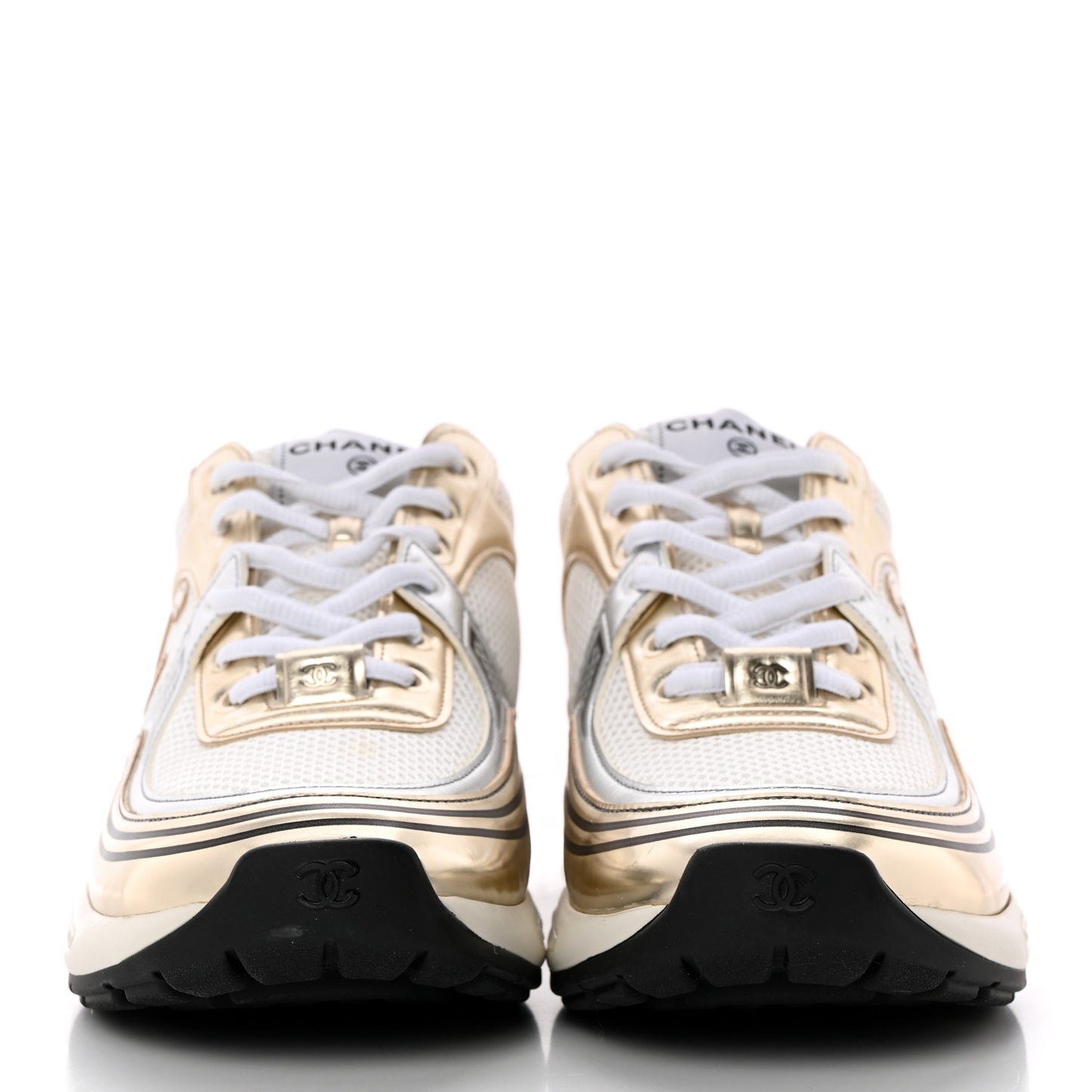 Fabric Laminated Calfskin Stretch CC Womens Sneakers 41 White Gold Silver