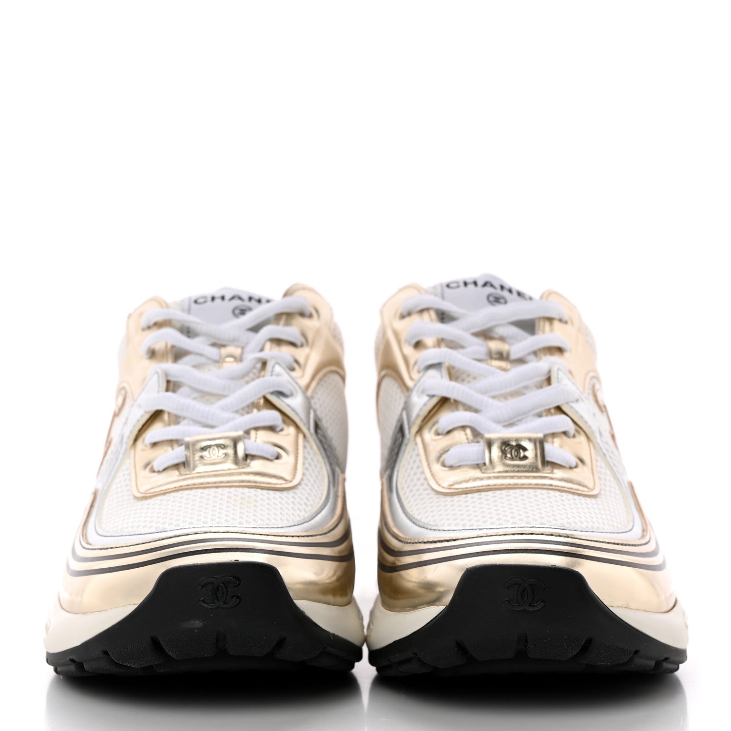 Chanel Fabric Laminated Calfskin Stretch CC Womens Sneakers 41 White Gold Silver 2 of 11