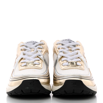 Chanel Fabric Laminated Calfskin Stretch CC Womens Sneakers 41 White Gold Silver 2 of 11
