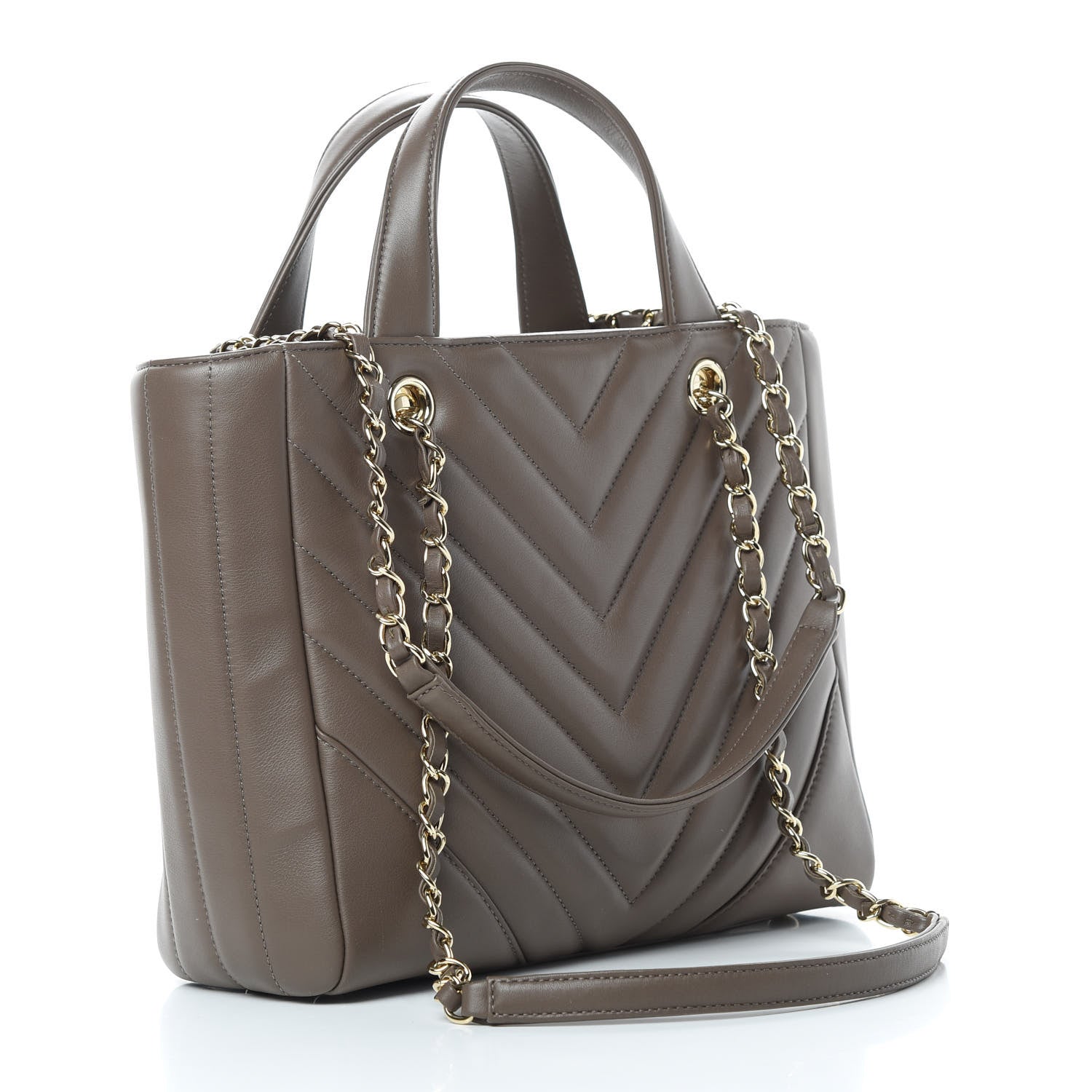 Chanel Calfskin Chevron Quilted Small Statement Shopping Tote Khaki 4 of 11